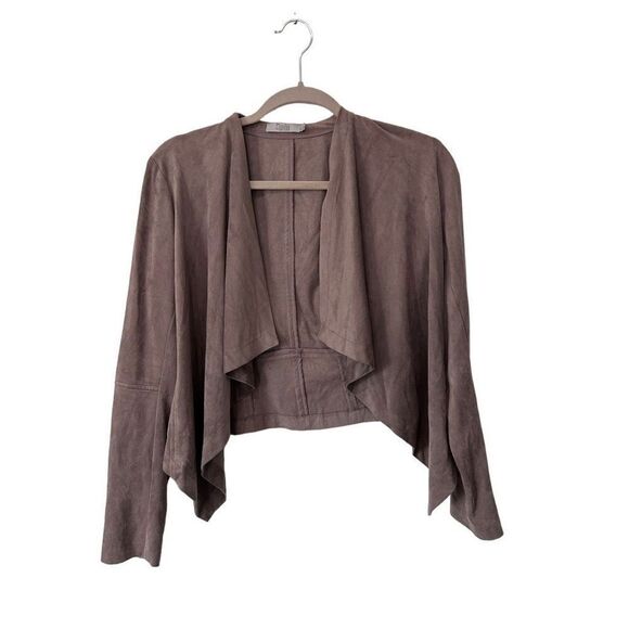Dalia Tan Brown Asymmetrical Cropped Waterfall Faux Suede Open Front Cardigan S - Picture 1 of 8